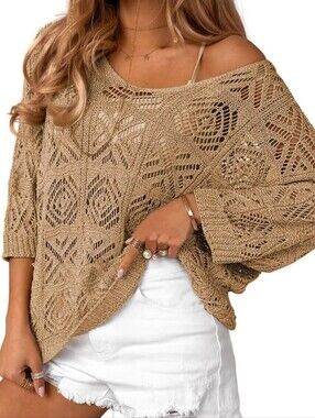 Dokotoo Women's Boho Crochet Knit Off-Shoulder Sweater, Tan 3/4 Sleeves, Size M